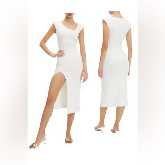 GOOD AMERICAN Asymmetric Padded Shoulders Leg Slit Midi Dress - Picture 1 of 10